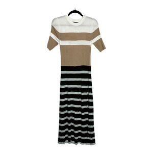 Banana Republic Ribbed Knit Midi Dress Tan White Striped Short Sleeve Medium NEW